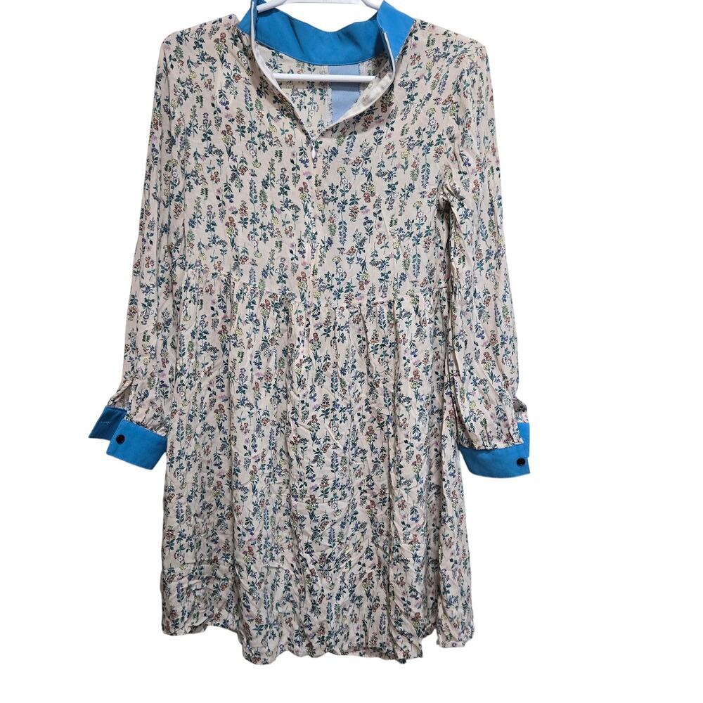 Floral A-Line Mini Dress Blue Contrast Collar Small